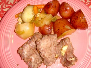 Chuck Roast with New Potatoes Roasted in a Cast Iron Pot